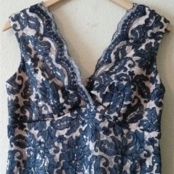 Marina Sleeveless Lace and Sequin Wrap Bodice Gown in Navy/Nude - Picture 14 of 16